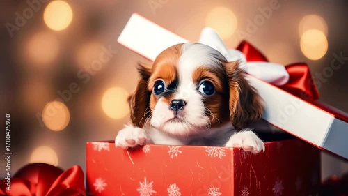 Adorable puppy peeking from festive gift box adorned with red ribbon, surrounded by soft glowing lights, capturing the joy of Christmas, camera zooms in for detail