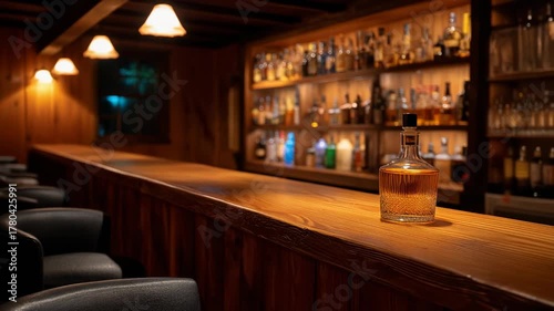 Elegant bar setting with whiskey bottle and cozy wooden decor for nightlife ambiance