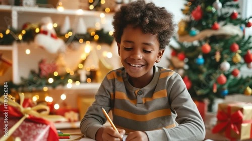 African American boy joyfully writing a letter to Santa Claus at a festive Christmas setting, surrounded by colorful decorations, camera zooms in on his cheerful expression