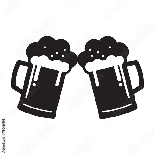 Clink beer mug, Two beer mug cheers black silhouette vector