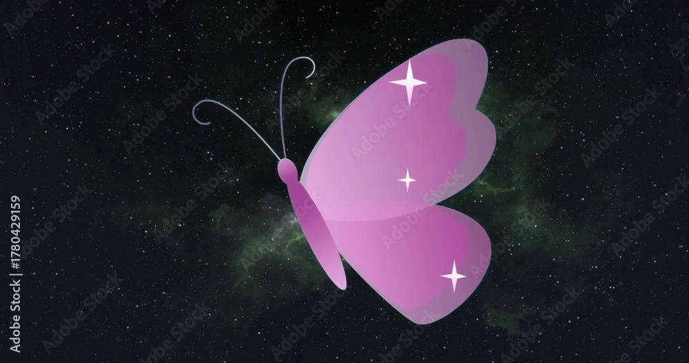 Obraz premium Floating purple-pink gradient butterfly gliding through outer space, with star-sparkle accents