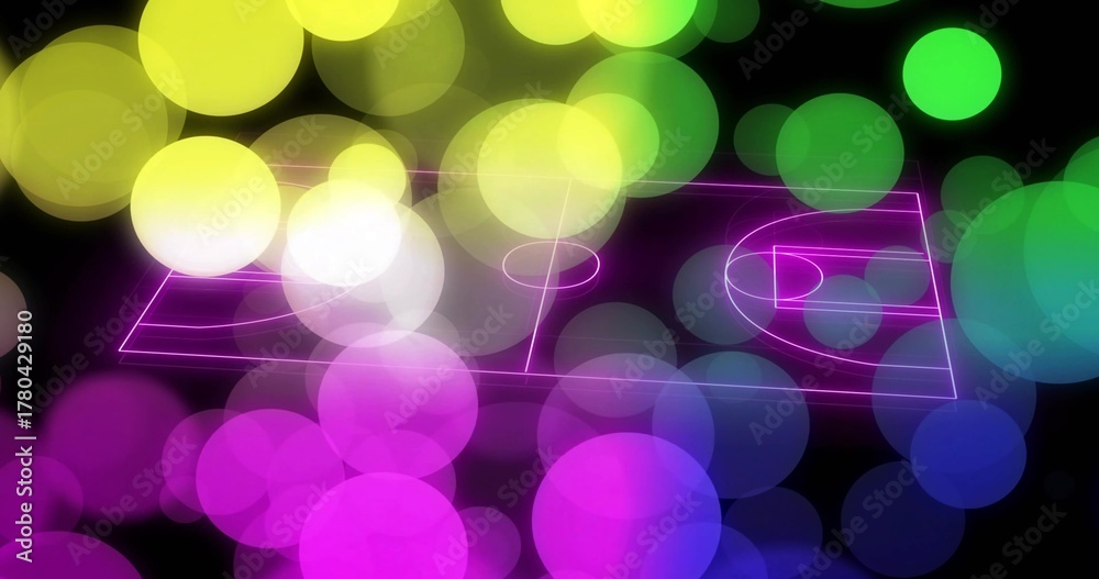 Fototapeta premium Showing neon wireframe basketball court glowing in digital void, with bokeh circles drifting