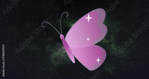 Floating purple-pink gradient butterfly gliding through outer space, with star-sparkle accents