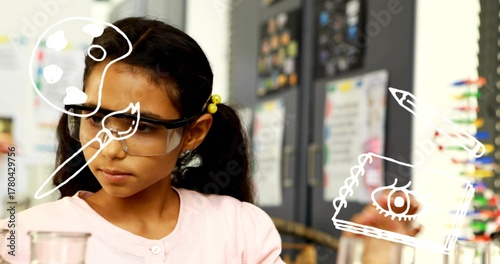 Hispanic girl performing experiment in science lab, with clear safety goggles, doodle overlays