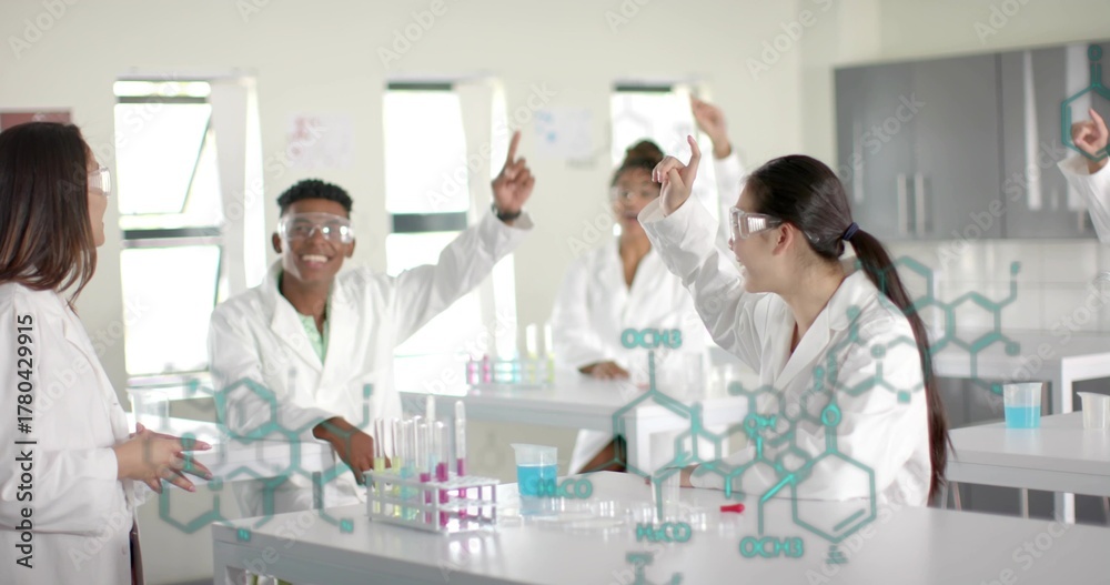 Fototapeta premium Chinese student wearing lab coat and goggles, raising hand in lab, with test tubes, copy space