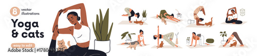 Yoga exercises with cat set. Woman training with funny kitty, home animal. Female stretching in workout poses on mat with cute feline pet. Flat vector illustration isolated on white background