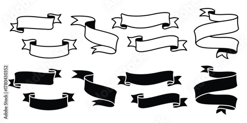 Ribbon banner vector collection with filled and outlined styles in black and white. Editable vector illustration for graphic design, title banner, layout, and decoration