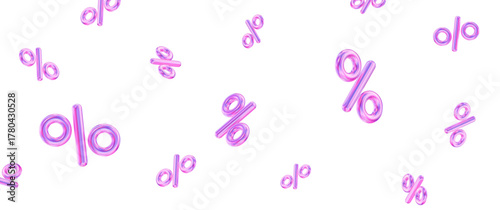 3d set of neon percent signs discount with different angles. Voucher gift. Stock vector illustration on isolated background.