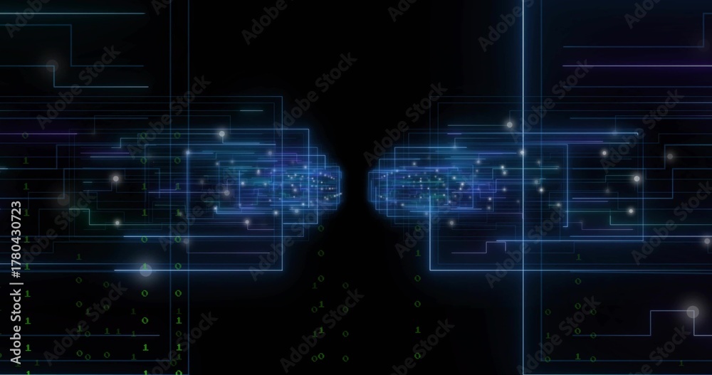 Obraz premium Forming mirrored glowing frames converging toward center in data tunnel, with falling binary digits