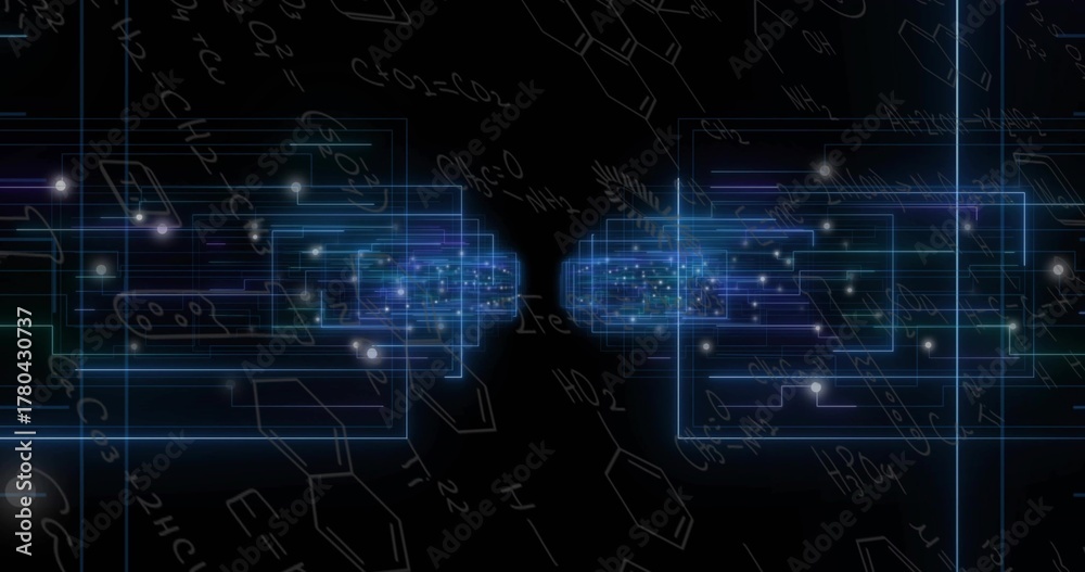Fototapeta premium Glowing twin neon frames forming narrow gap in virtual lab, with particles and chemical notes