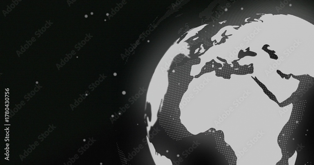 Obraz premium Depicting stylized globe occupying right side of frame, showing halftone shading, stars, grain