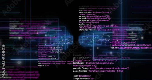 Displaying centered columns of monospace code over neon panels in virtual UI, glowing nodes