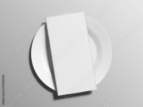 Blank White Trifold Restaurant Menu Mockup 3D Rendering On A White Plate 