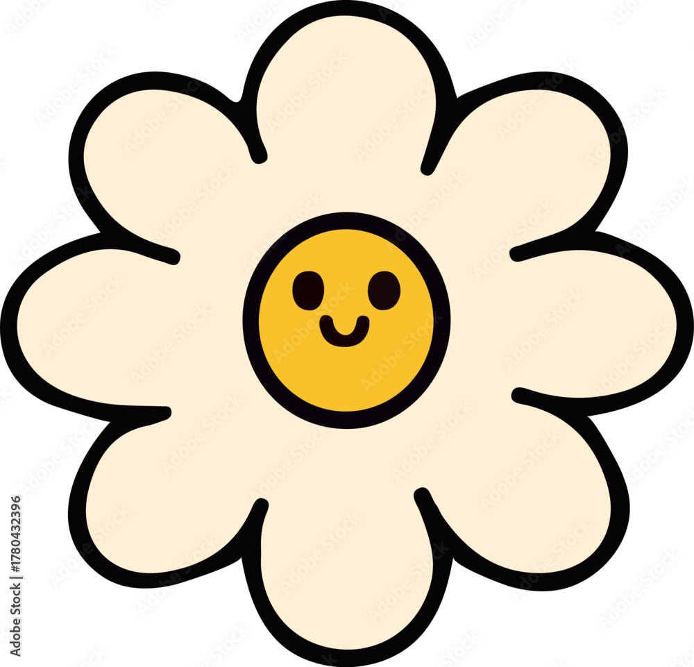 Obraz premium Cute smiling daisy flower adorable hand-drawn cartoon illustration of a happy yellow flower with white petals, cheerful cute floral character for kids design, spring, and nature themed artwork