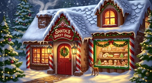 Santa's sweet shop glows warmly on a snowy christmas eve with festive lights