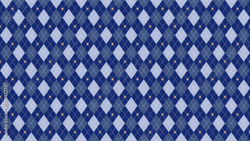 Classic blue argyle seamless pattern with dotted lines and star accents, perfect for holiday and Christmas designs