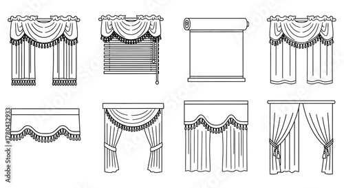Collection of various window treatments including curtains blinds and valances