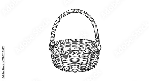 Detailed illustration of a vintage woven basket simple black and white sketch