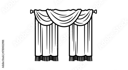 Simple black and white illustration of a window with draped curtains