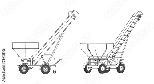Detailed technical drawing of two grain augers with varying designs