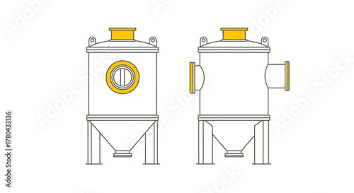 Technical illustration of two industrial tanks with conical bases displayed