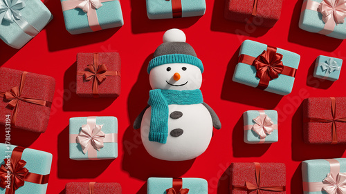 Winter holiday sale. Snowman among wrapped presents on the red background