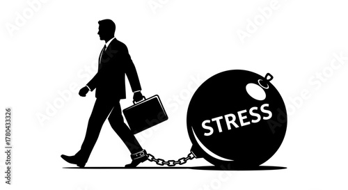 Fotografija A businessman struggles forward weighed down by a heavy ball labeled stress