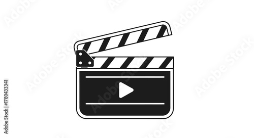Black and white illustration of a film clapperboard with play button