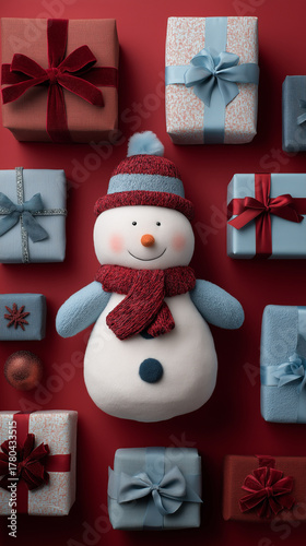 Christmas shopping. Snowman with gifts and bows on the red background