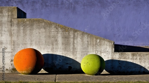 Concrete Spheres in Vibrant Colors on Urban Landscape Shadowed by Stairs against Purple Backdrop