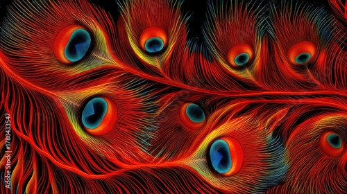 Vivid red and yellow peacock feather abstract texture with striking blue eyes on a deep black background artistic macro shot