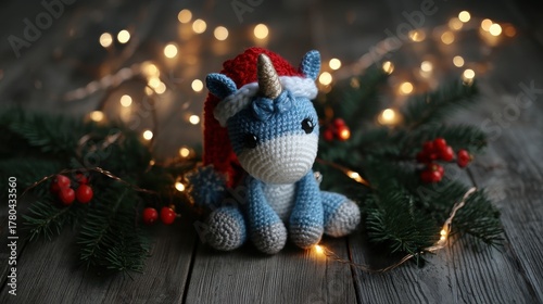 Adorable Knitted Unicorn Toy Wearing a Festive Santa Hat Ornament on Wooden Planks with Garland Twinkling Holiday Season