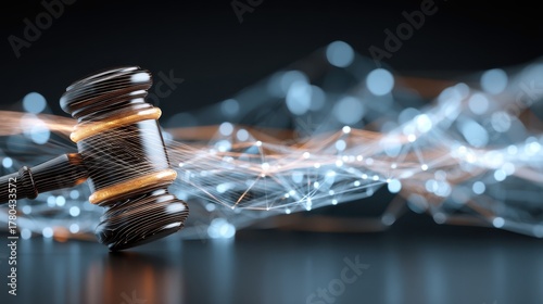 Law and Legal System Gavel Concept with Abstract Connected Dots and Network on Dark Background