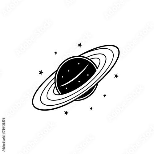 Stylized saturn planet with stars in black and white