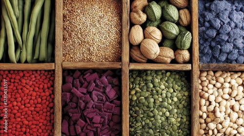 Colorful Variety of Legumes Seeds Nuts and Grains in Wooden Compartments Rustic Macro View High Angle Shot Food Photography