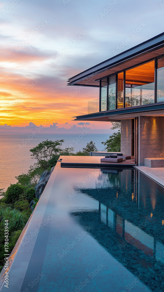 Fototapeta premium Elegant villa with infinity pool at twilight. Luxury lifestyle