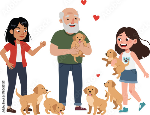 An older man and two young girls surrounded by several cute golden retriever puppies.