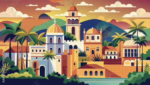 Very beautiful Santo Domingo travel poster in cinematic minimal vector style, featuring simplified colonial skyline, warm Caribbean tones, historic buildings, and clean geometric shapes creating an 
