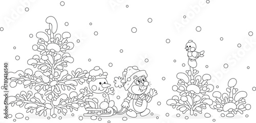 Cute little mole pulling its sledge with a funny toy snowman and talking to a small bird perching on a snow-covered fir tree on a beautiful winter day in a snowy forest, vector cartoon illustration
