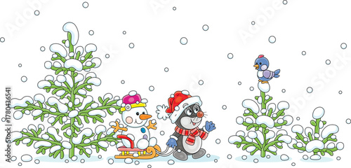 Cute little mole pulling its sledge with a funny toy snowman and talking to a small bird perching on a snow-covered fir tree on a beautiful winter day in a snowy forest, vector cartoon illustration
