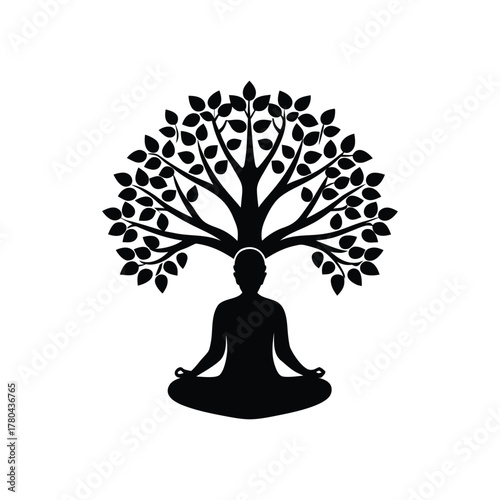 Meditation Lotus Pose with Bodhi Tree Silhouette