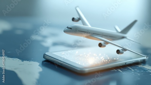 Model airplane taking off from smartphone on world map showing the connection between technology and travel in modern planning