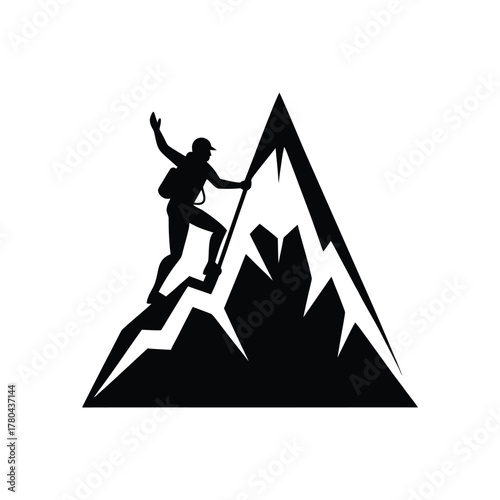 Mountain Climber Silhouette Icon - Success, Adventure, and Challenge Vector