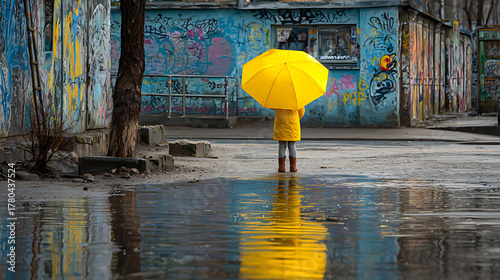 Rainy day photography of a child with yellow umbrella and coat in urban setting for stock photos