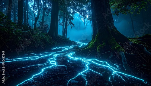 Bioluminescent roots glowing under dark forest floor
