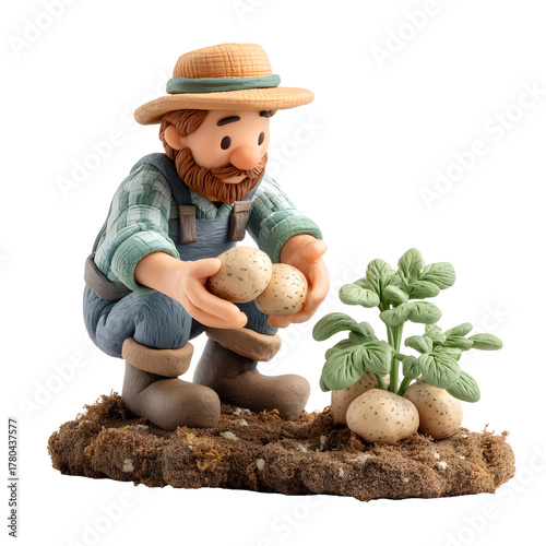 Whimsical claymation farmer harvests potatoes from soil beside a plant depicting agricultural life