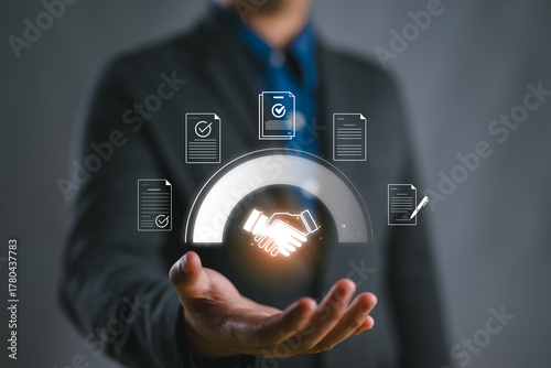 Businessman manage digital procurement process with business contract, invoice, approval documents, representing B2B sourcing, vendor management, supply chain, e-procurement.