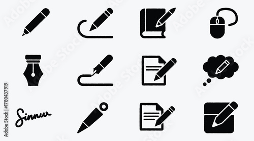 Collection of writing and editing icon designs on a light background