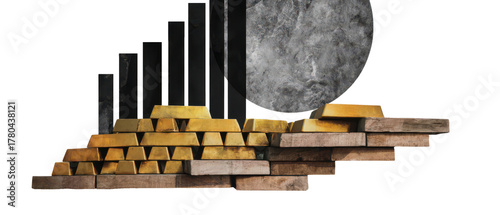 Gold Bar Stacks and Abstract Shapes in Artistic Collage Display Isolated on Transparent Background, png