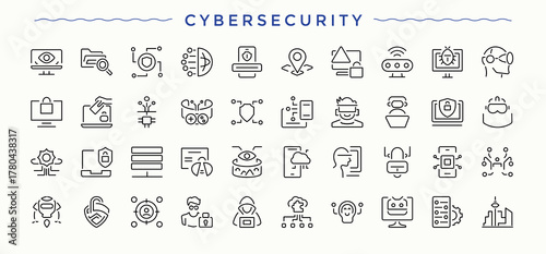 Cyber Security icon set. Contains related to security, safety, protect, secure and more. Secure vector icon set. Outline icons in linear style. Editable stroke. Vector collection.